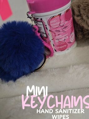 Mini Keychain Antibacterial Hand Wipes Canister with Blue Pom Keychain